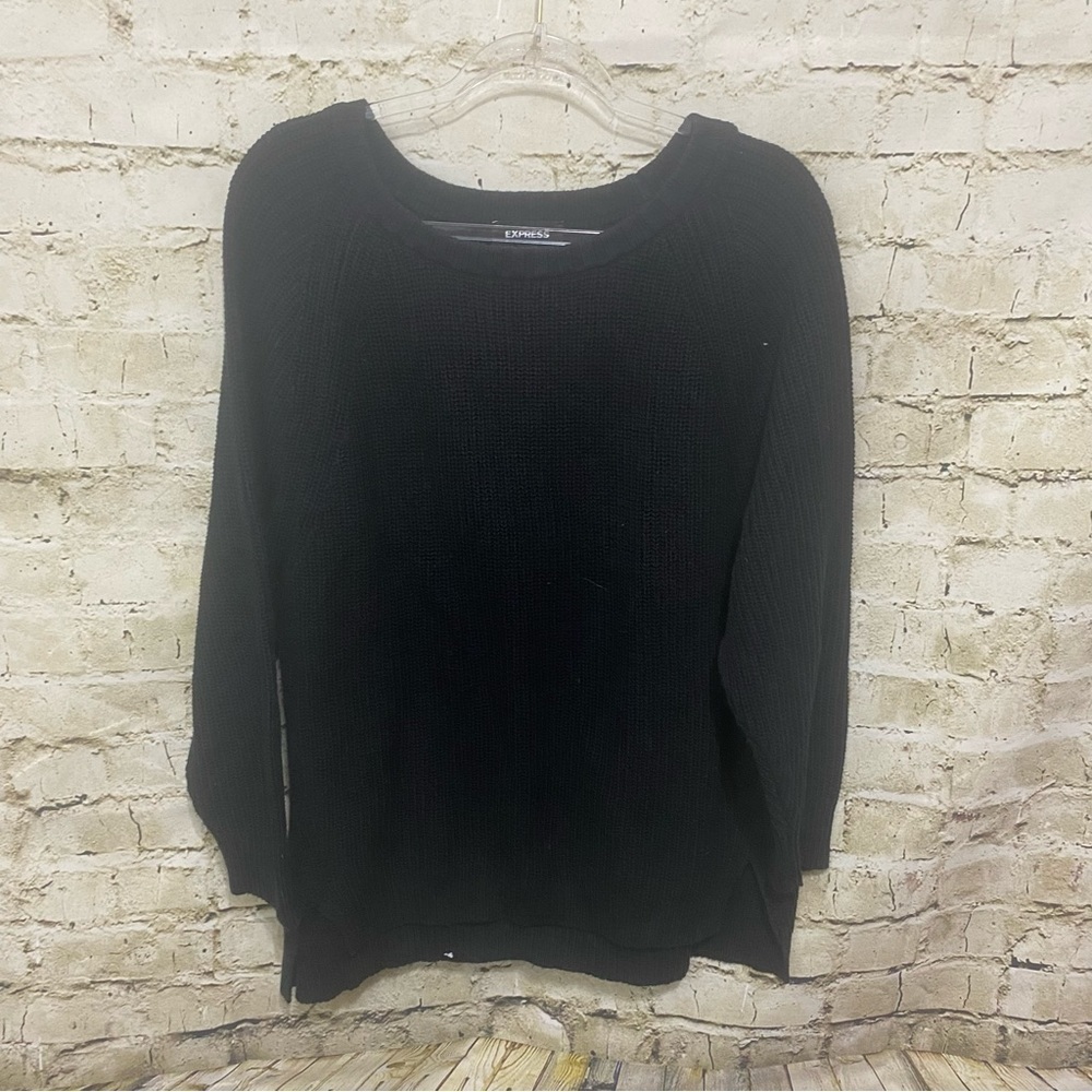 Express Black Chunky Knit Cotton Blend 3/4 Sleeve Pullover Sweater